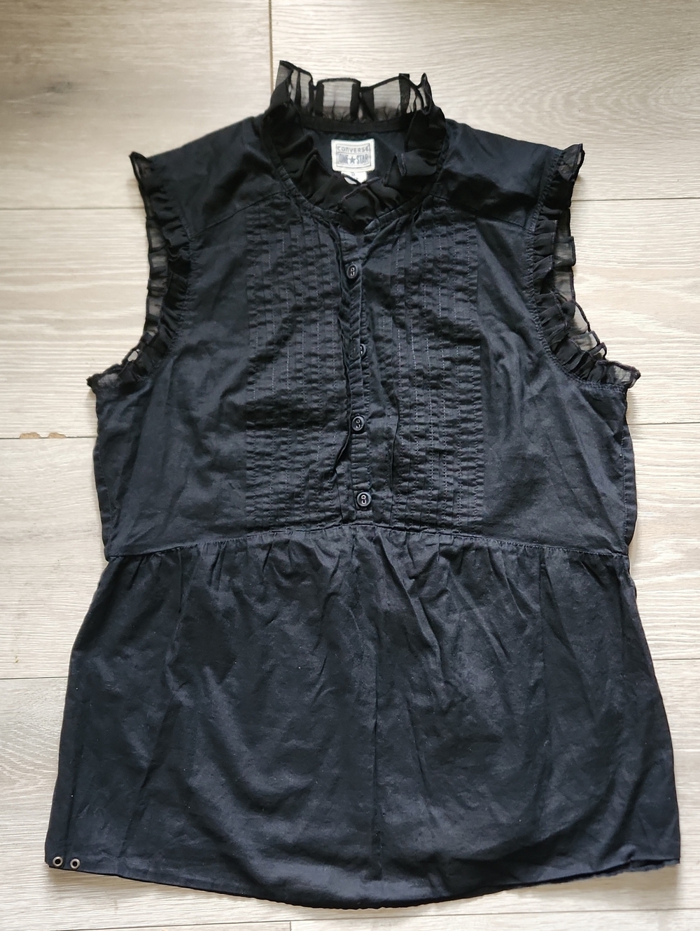 ​Converse One Star Black Ruffle High Neck Pintuck Sleeveless Blouse Size M
